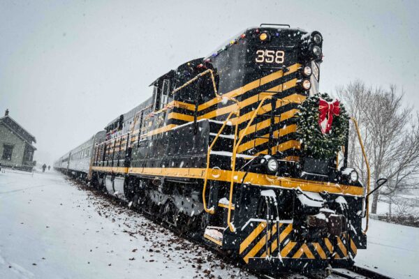 Nickel PLate Road No. 358 in Snow with Christmas Train