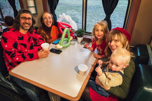 Smiling First Class Passengers aboard Indiana Christmas Train